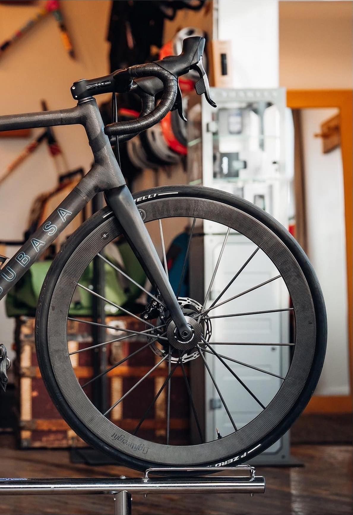A built-up bike on a stand in a workshop